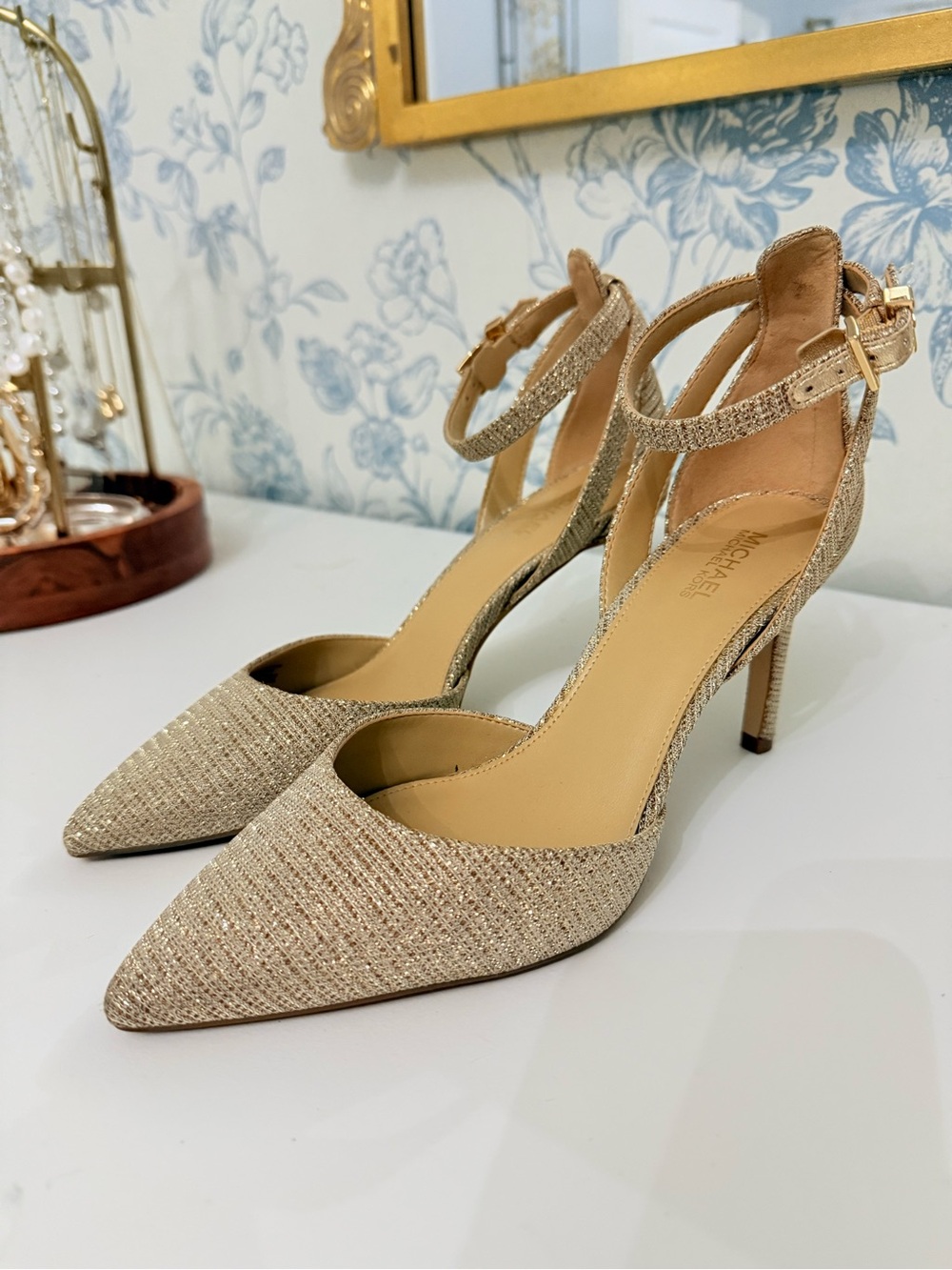 MICHAEL Michael Kors Gold Glitter Pointed-Toe Ankle-Strap Heels